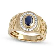 Men's Oval Blue Sapphire and 0.20 CT. T.W. Natural Diamond Frame Nugget Shank Ring in Solid 10K Yellow Gold