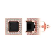 2.3 Princess Round Cut Halo Natural Onyx Stud Earrings Real Solid 14k Rose Gold