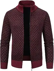 [SWJGLITTR] Men's Stand Collar Cardigan Sweater Full Zip Knitted Sweater for Men Slim Fit Ribbed Knit Cardigan, Claret, Large