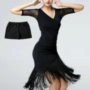Women Latin Dance Dress Salsa V-neck Tango Ballroom Costume Tassel Rumba Fashion