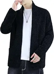 [SWJGLITTR] Mens Notch Collar Cable Knit Cardigan Open Front Cotton Cardigans for Men Slim Fit Knitted Ribbed Outwear