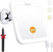 Auxmir Magnifying Mirror with Light and 20x Magnification, Rechargeable Makeup Mirror, Cosmetic Mirror with Lighting, 3 Light Colours & Suction Cup, 360° Rotating Table Mirror, 2000 mAh