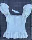 NWT House Of Harlow 1960 Smocked Flutter Sleeve Eyelet Top White XS