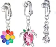 [Niaspi] 3Pcs Colorful Flower Turtle CZ Fake Belly Button Rings for Women Girls Stainless Steel Non Piercing Belly Button Rings Dangle Belly Navel Barbell Fake Body Piercing Jewelry, Stainless Steel,