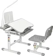 Kids Study Desk and Chair Set, Multi Functional Height Adjustable Children School Study Desk with Tilt Desktop, Bookstand, LED Light, Metal Hook and Storage Drawer for Boys Girls, Grey