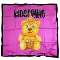 在飛比找momo購物網優惠-【MOSCHINO】經典黃金氣球泰迪熊純絲綢披肩領巾圍巾(紫