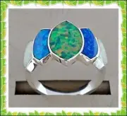 ENCHANTING HANDCRAFTED WHITE/GREEN /BLUE OPAL INLAY .925 SILVER RING SIZE-8