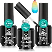 Beetles Nail Blooming Gel & No Wipe Gel Base Top Coat Set, 3PCS 15ML Shine Finish Long Lasting Top Base Gel Spreading Marble Effect Soak off UV LED Nail Gel Nail Art Design Manicure for Women