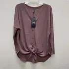 Iwollence Womens Small Waffle Knit Top Mauve Long Sleeve V Neck Tie Knot New