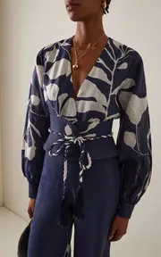 [Andres Otalora] La Postale Belted Botanical Linen Balloon-Sleeve Top