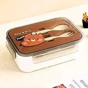 schoolkids, Children 2 grids Leakproof Tiffin bento Lunch Box with Cute Bear Panda Cartoon Stickers, Reusable BPA Free Lunch Container for Students bento Box Lunch Storage (Brown & Off-White)