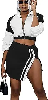 [CALEBGAR] Womens 2 Piece Outfits Sexy Long Sleeve Zip Varsity Jacket Patchwork Mini Skirts