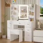 White Vanity Dressing Table w/ LED Mirror 3 Light Modes Makeup Desk with Stool