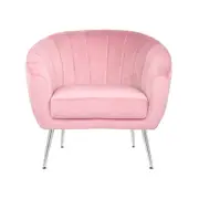 Arm Chair Light Pink Velvet Wooden Frame Iron Legs in Silver Colour