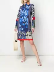 $1295 Etro NEW Blue Red Multi Floral Panel Patchwork Print Henley Shirt Dress 40