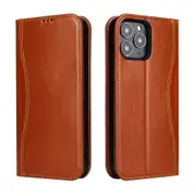 For iPhone 15 Pro Case Fierre Shann Genuine Cowhide Leather Wallet Cover Brown