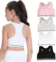 [FUIPVGI] Pack of 4 Girls' Sports Bra Bustier Cotton Without Underwire Bralette Bustier Girls Training Bra for Girls 8-14 Years Cami Crop Top Sports Bra (Colourful)