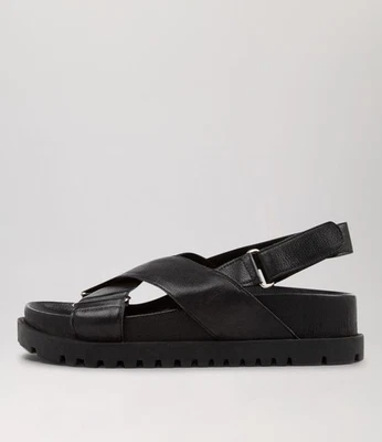 New Django & Juliette Ubari Black Leather Sandals Womens Shoes Casual