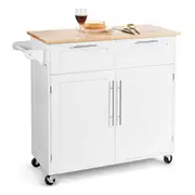 Giantex Kitchen Island Trolley Serving Cart Rolling Storage Cabinet w/Rubber Wood Top/Towel Rack/Drawer, White