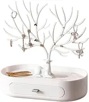 Haobase Antler Jewellery Stand, White Deer Horn Tree Stand with 2 Drawers and Tray, Necklace Holder for Rings, Earrings, Bracelets and More