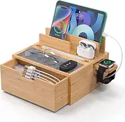 Bamboo Charging Dock Rack, Wooden Charging Station Organizer with Lined Tray & Drawer, Desktop Dock Organizer, Compatible with Tablet, Cell Phone, Earbuds, Smartwatch, Pezin & Hulin