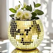 Disco Ball Planter Gold,Disco Ball Vase,Disco Ball Plant Pot,Disco Ball Flower Pot,Mosaic Glass Mirror Ball Planter,Disco Decor Candle Holder Vase for Wedding Bedroom Kitchen Office Birthday,3*4*4 IN