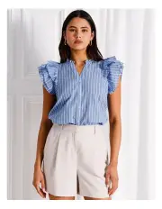 [Tokito] Organic Cotton Frill Sleeve Button Up Top in Blue