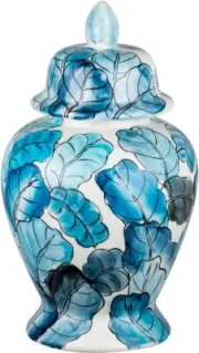 New LOUIE MICHEL CIE 17.5 Inch JAR w/ LID Floral Leaf White Blue VASE Free S&H !