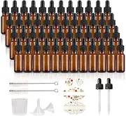 48 Pack 1/2 oz (15ml) Amber Glass Bottles with Glass Eye Droppers for Essential Oils, Perfumes & Lab Chemicals (Brush, Funnels, 2 Extra Droppers, Labels & Measuring Cup Included)