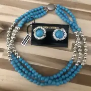 NWT Vintage GENUINE LUCITE Silver/Turquoise Bead Strand Necklace & Earrings Set