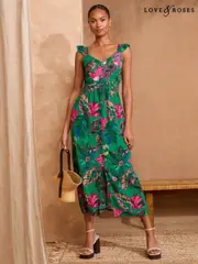 Love & Roses Green Palm Printed Midi Sundress (F02278) | $127