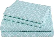Comfort Spaces Cotton Flannel Breathable Warm Deep Pocket Sheets with Pillow Case Bedding, Queen, Aqua Geo 4 Piece