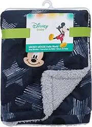 Disney Mickey Mouse Hello World Star/Icon Super Soft Double Sided Velour/Sherpa Baby Blanket, Navy, Grey, White