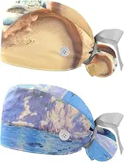 [YTYVAGT] 2-Pc,Nurse Scrub Caps,Scrub Hats with Buttons and Cotton Sweatband,Beach Happy Valentines Day