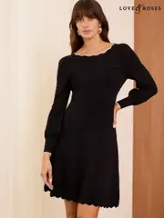 Love & Roses Black Scallop Neck Knitted Pointelle Mini Dress (AW8160) | $113