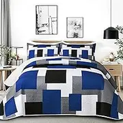 Tyrot Blue Grey Quilt Set Queen Size Patchwork Quilt Bedding Set with 2 Pillow Shams