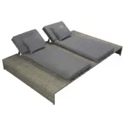 Double Sun Lounger With Cushions Poly Rattan Garden Deck Pool Sunbed Chaise Grey