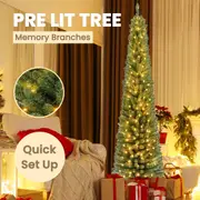 Costway 2.1M Festive Sherwood Fir Tree Pre-Lit Christmas Slim Memory Branchs Tree Xmas Pencil Tree Party Decoration Gift