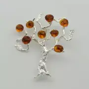 Cognac / Brown BALTIC AMBER Tree of Life Brooch Pin - 925 STERLING SILVER #111