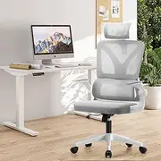 OIKITURE Office Chair with Armrest - Adjustable Seat Height & Headrest, Swivel Computer Desk Chair Breathable Mesh Ergonomic Arched Backrest, Easy Assemble, Capacity 150KG, White