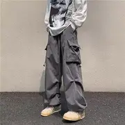 Drawstring Waist Plain Wide Leg Cargo Parachute Pants Gray - 2XL