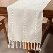 Wracra Rustic Linen Table Runner Farmhouse Style Table Runners 90 inches Long Embroidered Table Runner with Hand-Tassels for Party, Dresser Decor and Dining Room Decorations (Ivory, 13"×90")