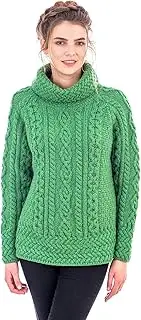 [SAOL] 100% Merino Wool Ladies Vented Roll Neck/Turtleneck Sweater Pullover Irish Cable Knitted Long Jumper