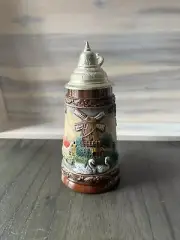Zoeller & Born German Beer Stein Pewter Top Windmills Geese 8"