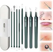 Stainless Steel Blackhead Remover Kit, Blackhead Tweezers, Professional Extractor Pimple Popper Tool Kit, Whiteheads Acne Needle Set for Face (Green)