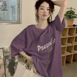 T恤女 美式葡萄紫半袖正肩短袖t恤女小個子夏季新款小眾韓系風格潮 女生短袖T恤 寬鬆T恤 韓國衣服 衣服女
