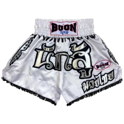 BOON MuayThai Shorts Boxing MMA Fighter Combat Gym Classic Satin White Warrior