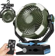 DUKUSEEK 20000mAh Clip On Fan with LED Light, 9-inch 60Hrs Portable Camping Fan with Sturdy Clamp, 360° Oscillating Personal Desk Fan for Office, Worksite, Golf - Regargeable Battery Powered USB Fans