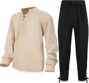 Ramede 2 Piece Renaissance Costume Men Shirts with Ankle Banded Pants Retro V Neck Jacket Ankle with Trouser for Halloween