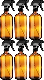 Sally's Organics Empty Amber Glass Spray Bottle - Large 16 oz Refillable Container for Essential Oils, Cleaning Products, or Aromatherapy - Black Trigger Sprayer w/Mist and Stream Settings - 6 Pack